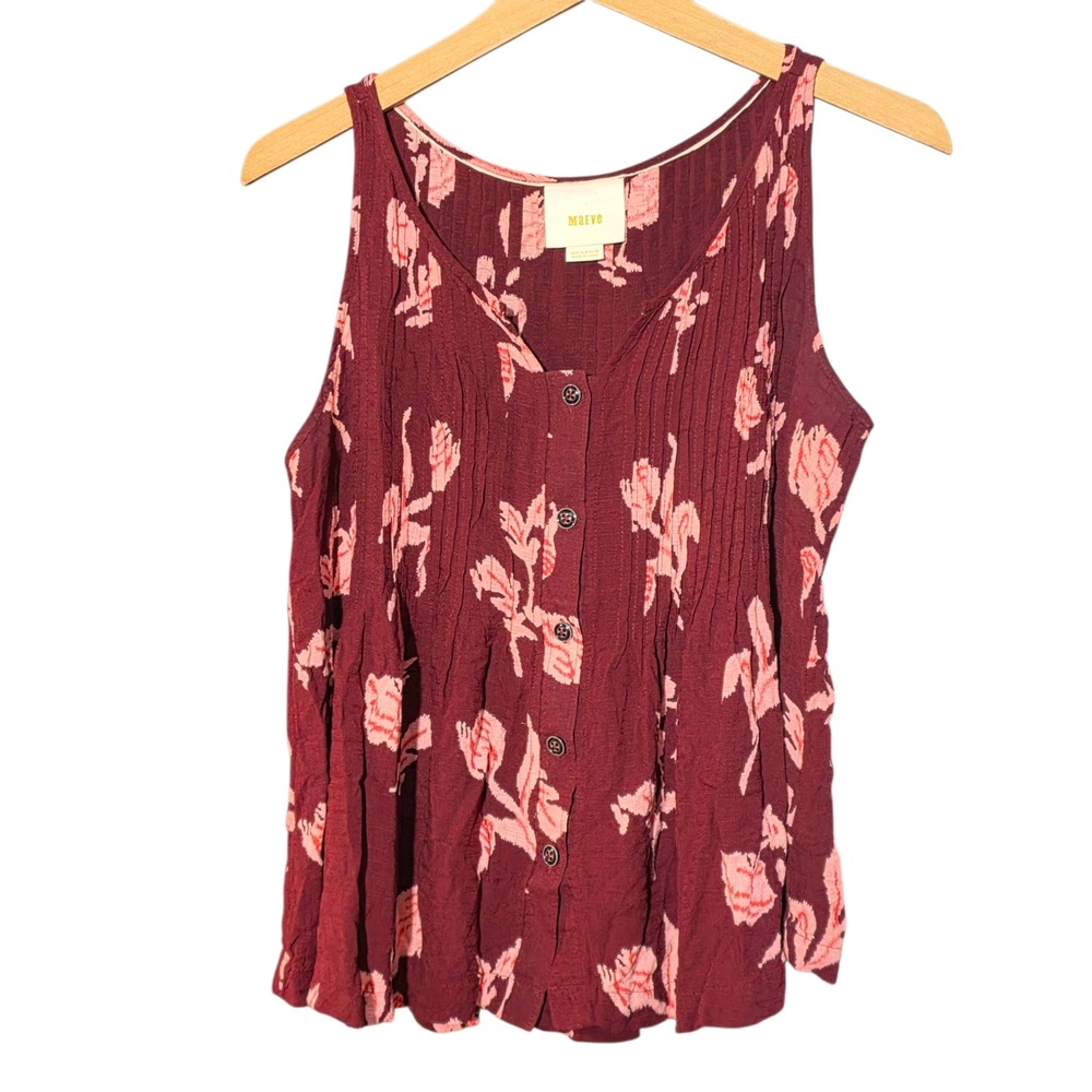 Maeve Anthropologie Women Size 4 S Burgundy Floral Ikat Pintuck Button Front Top